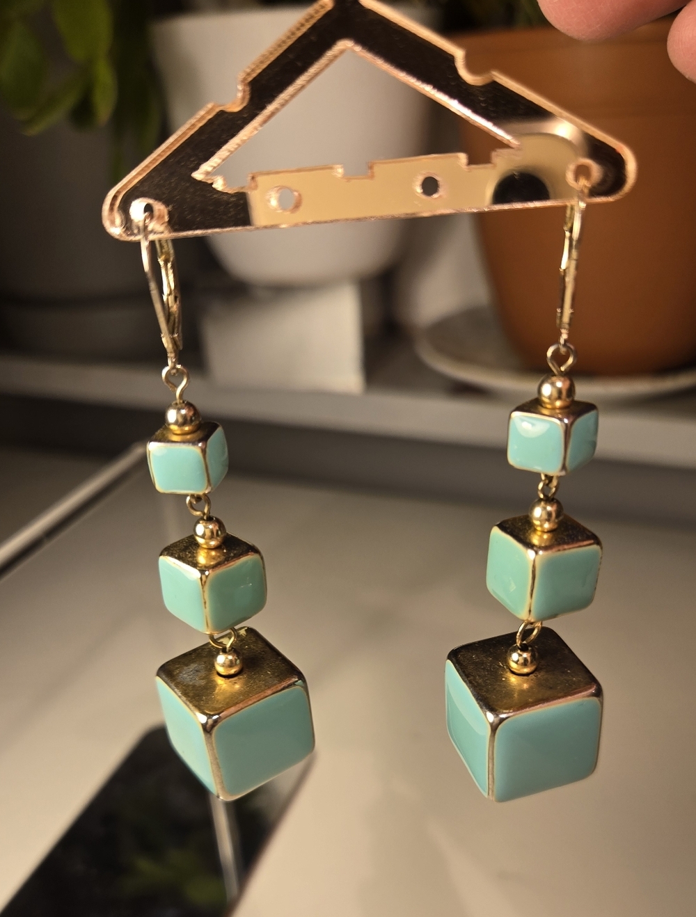 Teal Green Cube Trio Drop Down Earrings with Gold Tone Accents